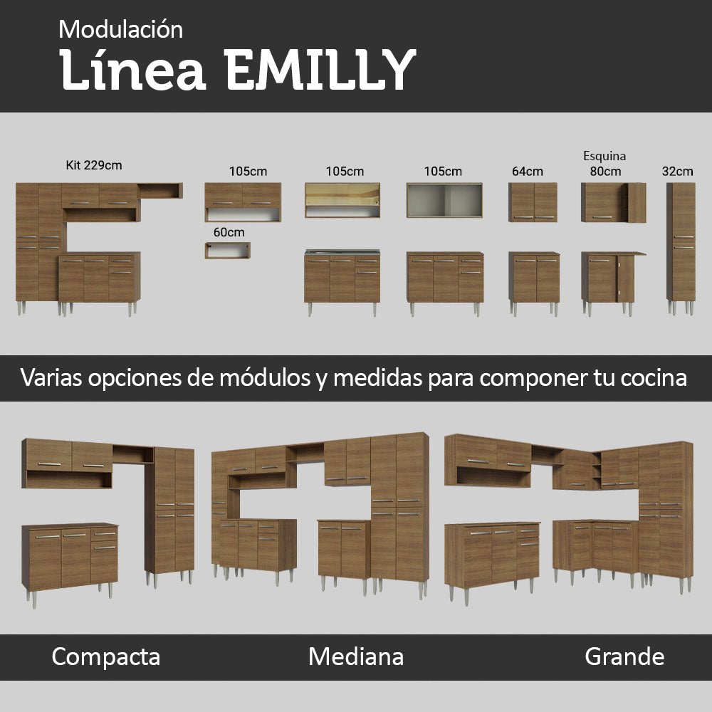 Cocina Integral Modular Emilly Marron 105x186cm con Mesón de Acero Inoxidable sin Estufa con Un Cajón y con Cinco Entrepaños - COCINAS | Bylmo