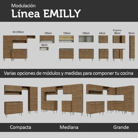 Cocina Integral Modular Emilly Marron 105x186cm con Mesón de Acero Inoxidable sin Estufa con Un Cajón y con Cinco Entrepaños - COCINAS | Bylmo