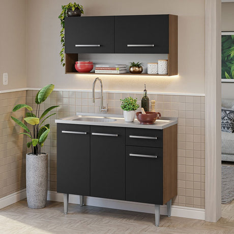 Cocina Integral Modular Emilly Marron y Negro 105x186cm con Mesón de Acero Inoxidable sin Estufa con Un Cajón y con Cinco Entrepaños - COCINAS | Bylmo