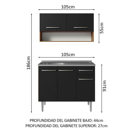 Cocina Integral Modular Emilly Marron y Negro 105x186cm con Mesón de Acero Inoxidable sin Estufa con Un Cajón y con Cinco Entrepaños - COCINAS | Bylmo