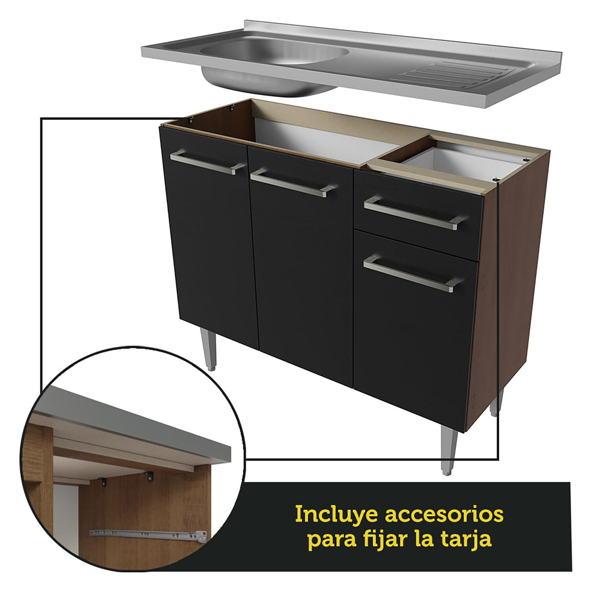 Cocina Integral Modular Emilly Marron y Negro 105x186cm con Mesón de Acero Inoxidable sin Estufa con Un Cajón y con Cinco Entrepaños - COCINAS | Bylmo