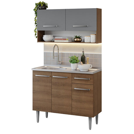 Cocina Integral Modular Emilly Marron y Gris 105x186cm con Mesón de Acero Inoxidable sin Estufa con Un Cajón y con Cinco Entrepaños - COCINAS | Bylmo