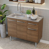 Cocina Integral Modular Emilly Marron y Gris 105x186cm con Mesón de Acero Inoxidable sin Estufa con Un Cajón y con Cinco Entrepaños - COCINAS | Bylmo