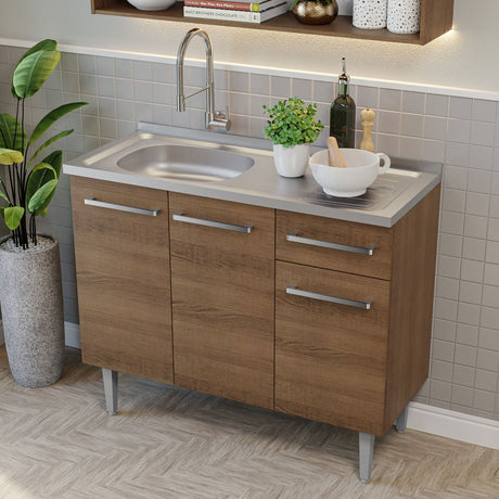 Cocina Integral Modular Emilly Marron y Gris 105x186cm con Mesón de Acero Inoxidable sin Estufa con Un Cajón y con Cinco Entrepaños - COCINAS | Bylmo