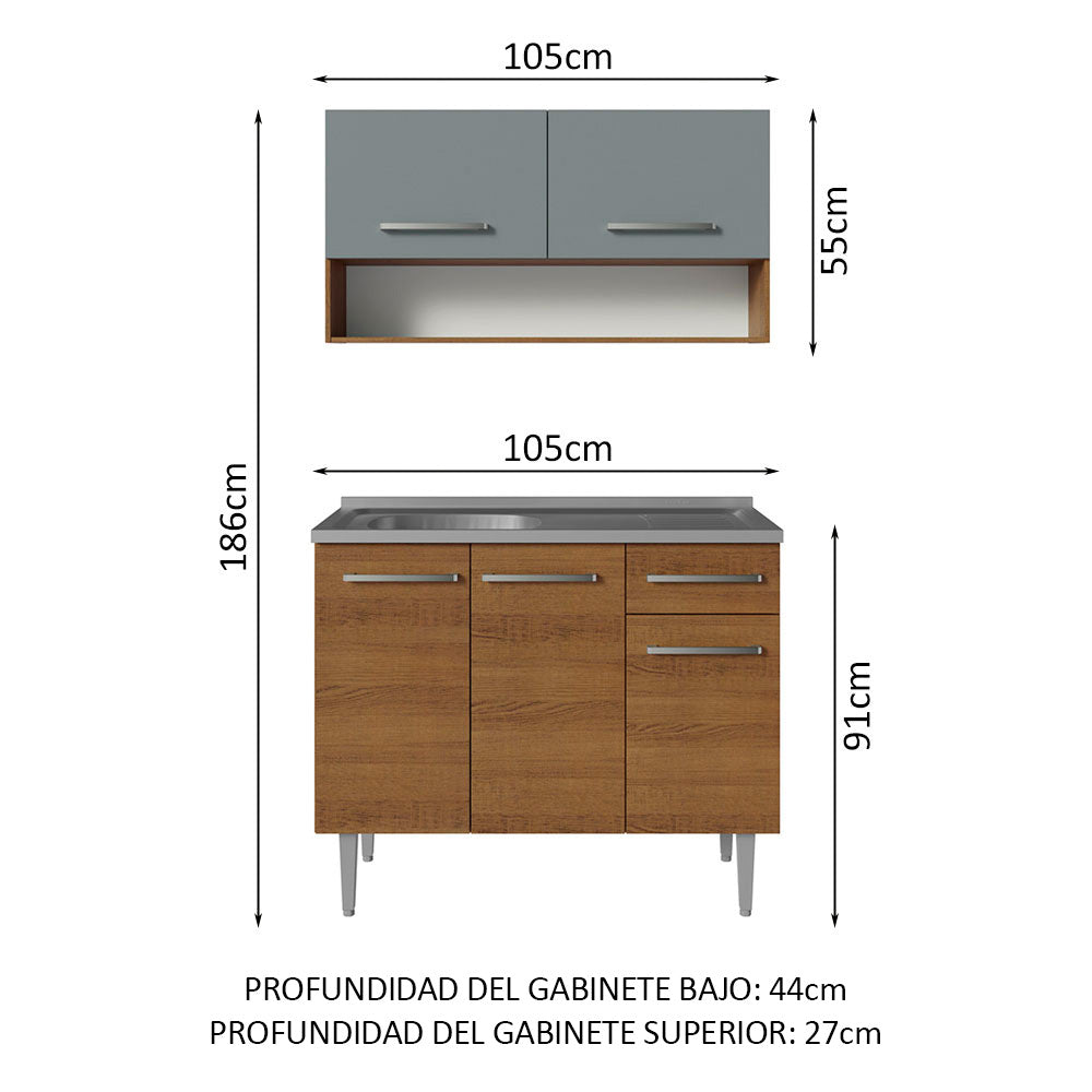 Cocina Integral Modular Emilly Marron y Gris 105x186cm con Mesón de Acero Inoxidable sin Estufa con Un Cajón y con Cinco Entrepaños - COCINAS | Bylmo
