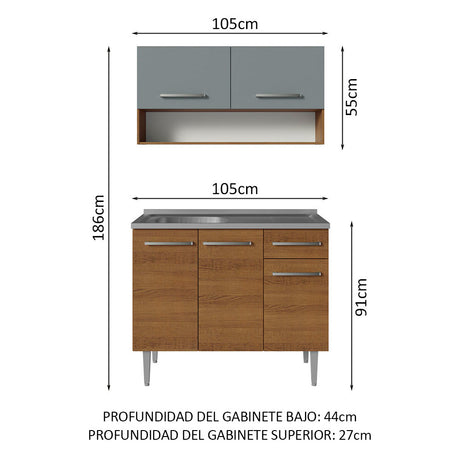 Cocina Integral Modular Emilly Marron y Gris 105x186cm con Mesón de Acero Inoxidable sin Estufa con Un Cajón y con Cinco Entrepaños - COCINAS | Bylmo