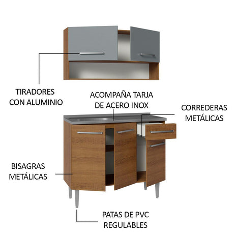 Cocina Integral Modular Emilly Marron y Gris 105x186cm con Mesón de Acero Inoxidable sin Estufa con Un Cajón y con Cinco Entrepaños - COCINAS | Bylmo
