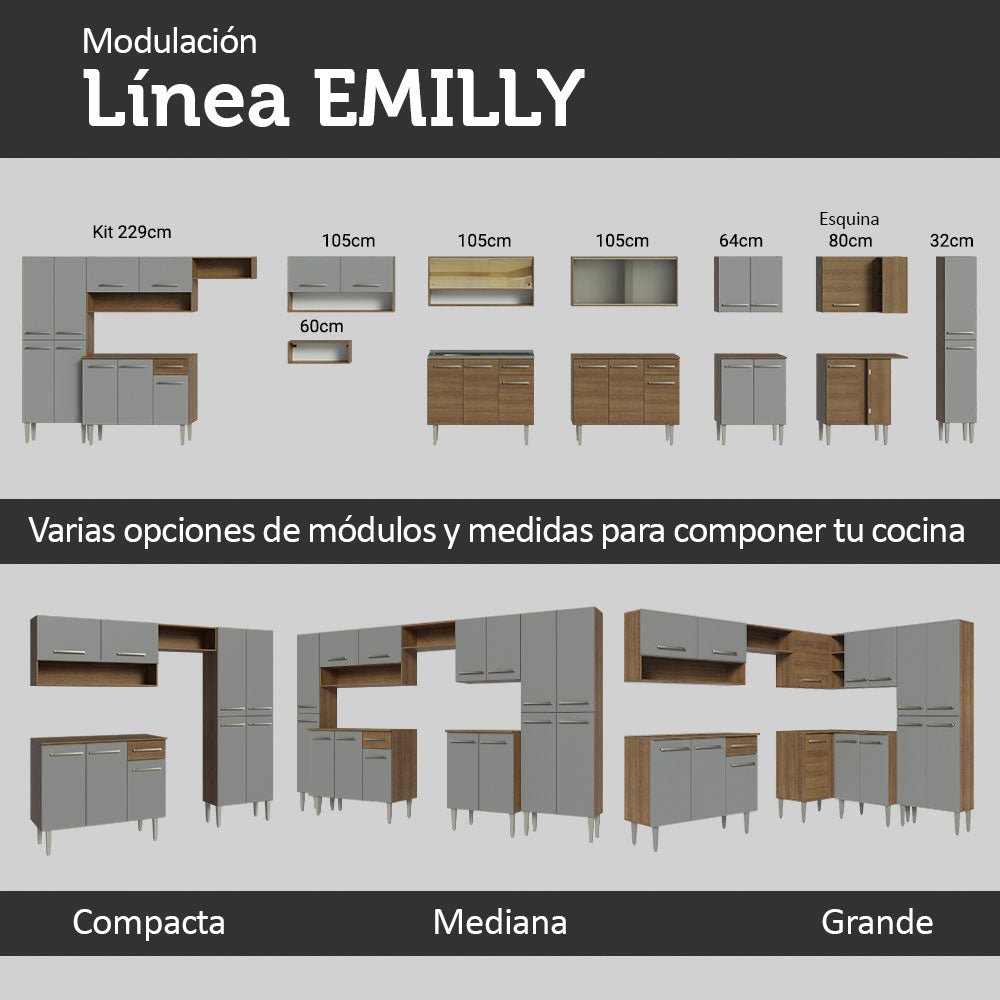 Cocina Integral Modular Emilly Marron y Gris 105x186cm con Mesón de Acero Inoxidable sin Estufa con Un Cajón y con Cinco Entrepaños - COCINAS | Bylmo