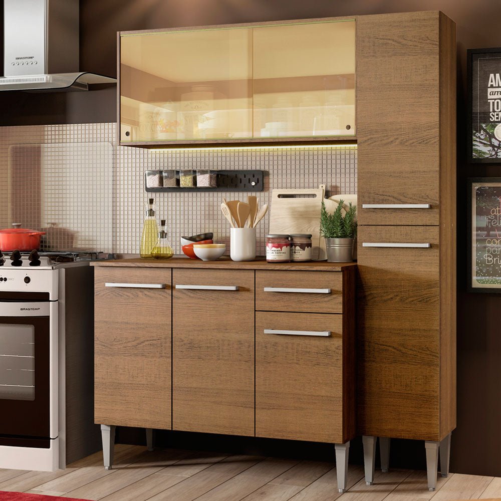 Cocina Integral Modular Emilly Gold Marron 137x186cm con Mesón de Madera Aglomerada Mdp sin Estufa con Un Cajón y con Nueve Entrepaños - COCINAS | Bylmo