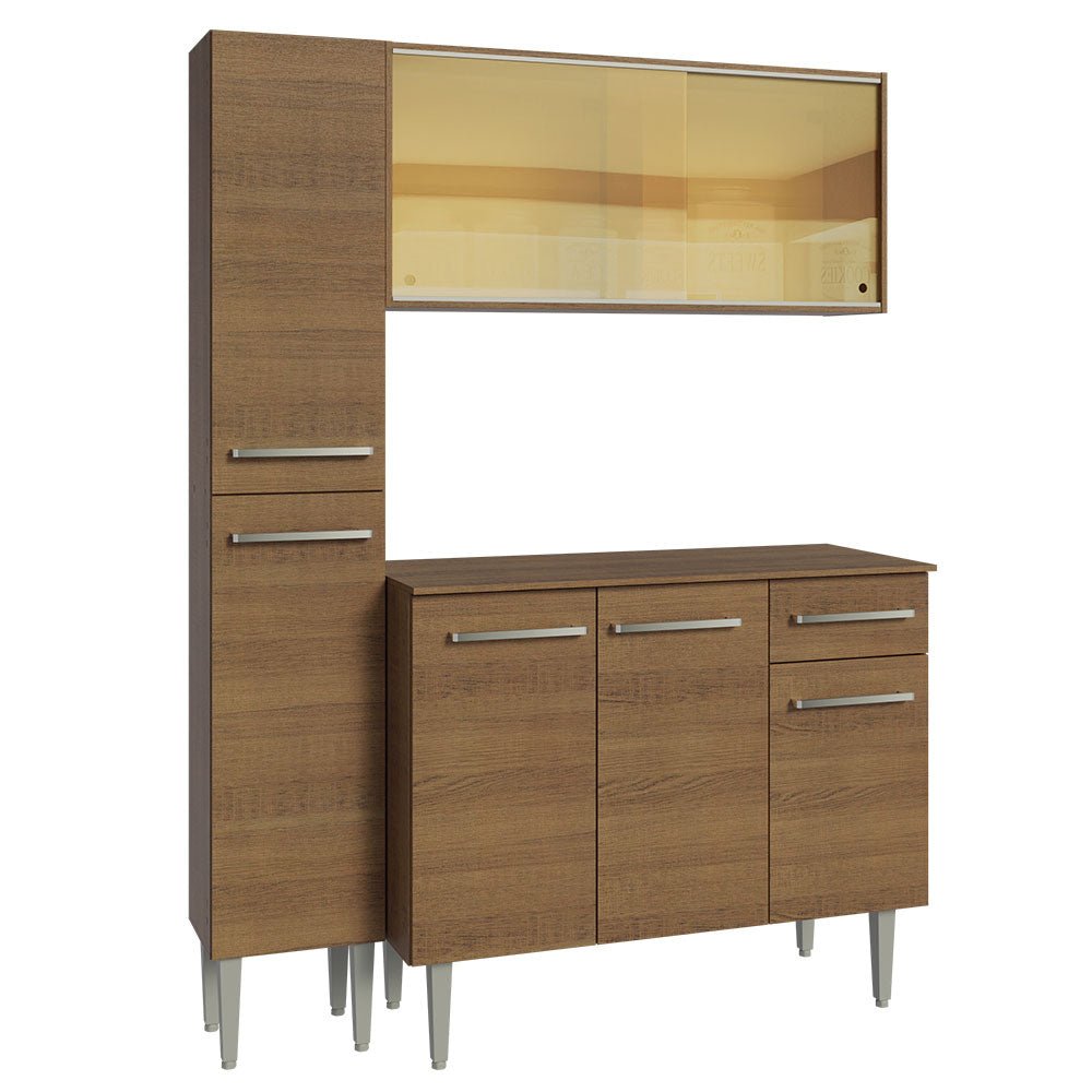 Cocina Integral Modular Emilly Marron 137x186cm con Mesón de Madera Aglomerada Mdp sin Estufa con Un Cajón y con Nueve Entrepaños y Puerta Traslúcida Amarilla - COCINAS | Bylmo