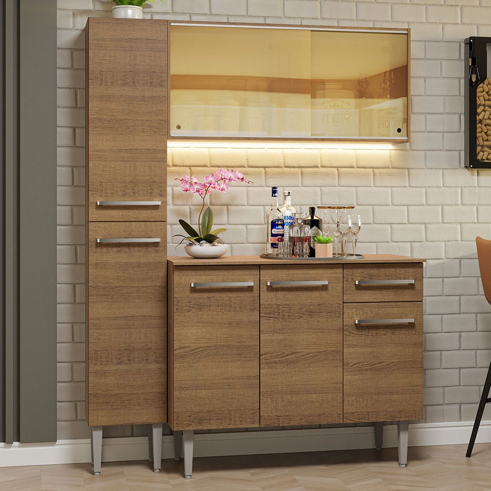 Cocina Integral Modular Emilly Marron 137x186cm con Mesón de Madera Aglomerada Mdp sin Estufa con Un Cajón y con Nueve Entrepaños y Puerta Traslúcida Amarilla - COCINAS | Bylmo