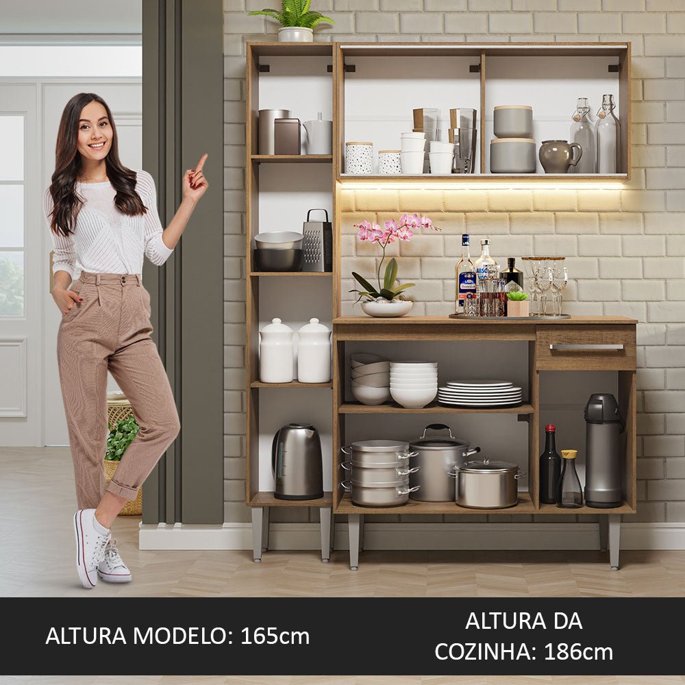 Cocina Integral Modular Emilly Marron 137x186cm con Mesón de Madera Aglomerada Mdp sin Estufa con Un Cajón y con Nueve Entrepaños y Puerta Traslúcida Amarilla - COCINAS | Bylmo