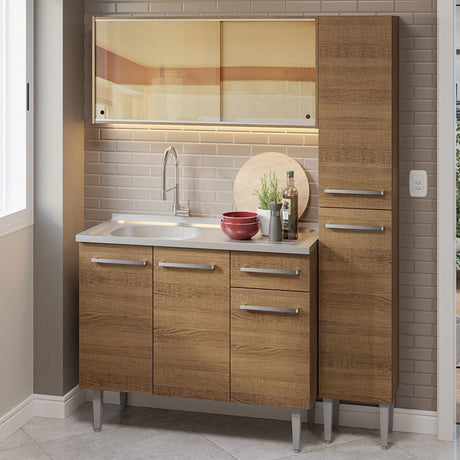 Cocina Integral Modular Emilly Marron 137x186cm con Mesón de Acero Inoxidable sin Estufa con Un Cajón y con Nueve Entrepaños - COCINAS | Bylmo