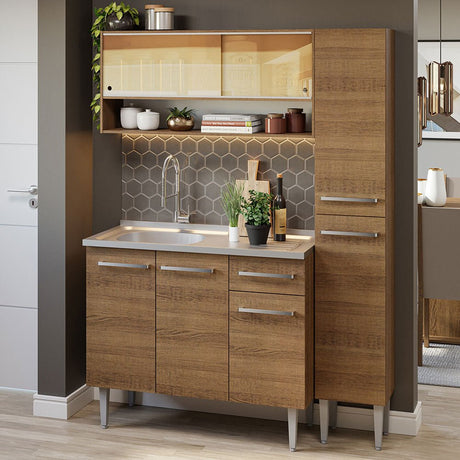 Cocina Integral Modular Emilly Marron 137x186cm con Mesón de Acero Inoxidable sin Estufa con Un Cajón y con Diez Entrepaños - COCINAS | Bylmo