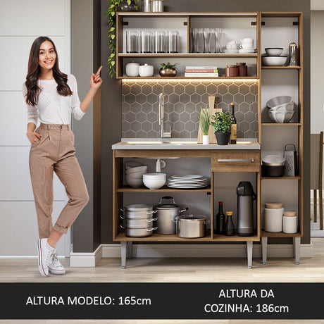 Cocina Integral Modular Emilly Marron 137x186cm con Mesón de Acero Inoxidable sin Estufa con Un Cajón y con Diez Entrepaños - COCINAS | Bylmo