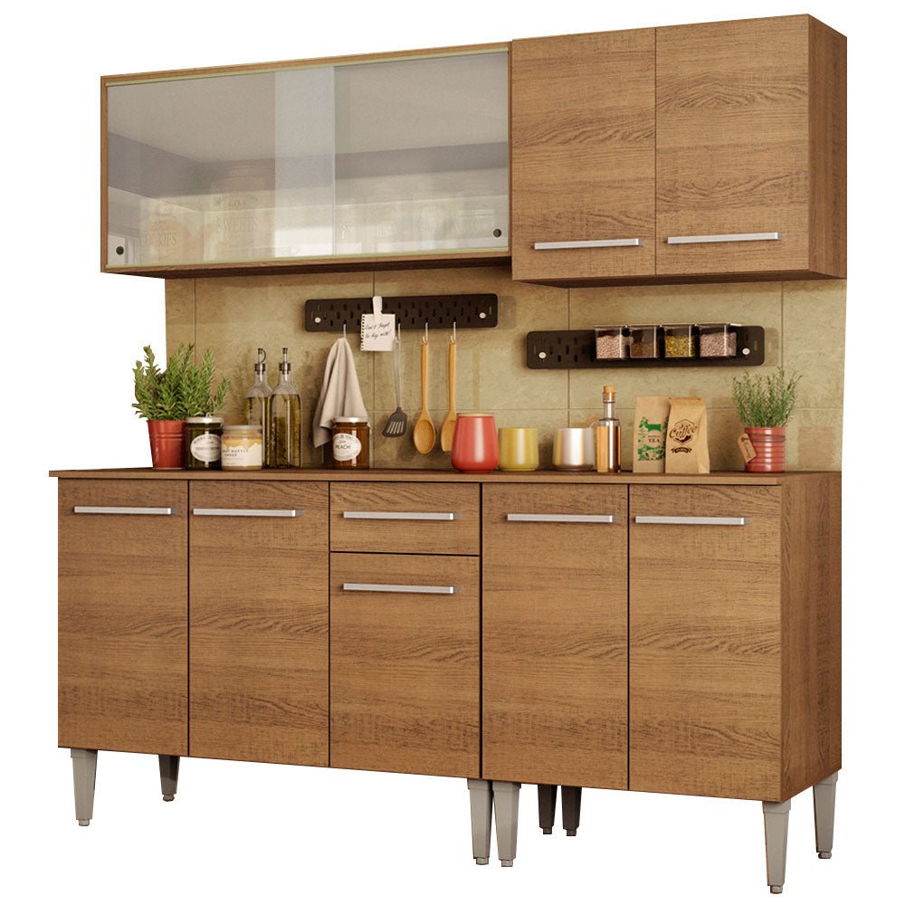 Cocina Integral Modular Emilly Box Marron 169x186cm con Mesón de Madera Aglomerada Mdp sin Estufa con Un Cajón y con Nueve Entrepaños - COCINAS | Bylmo
