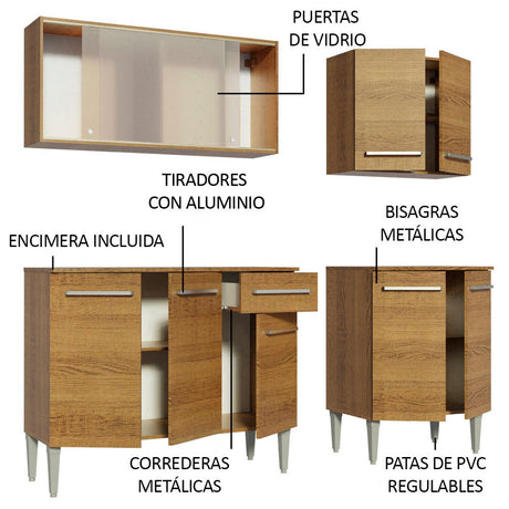 Cocina Integral Modular Emilly Box Marron 169x186cm con Mesón de Madera Aglomerada Mdp sin Estufa con Un Cajón y con Nueve Entrepaños - COCINAS | Bylmo