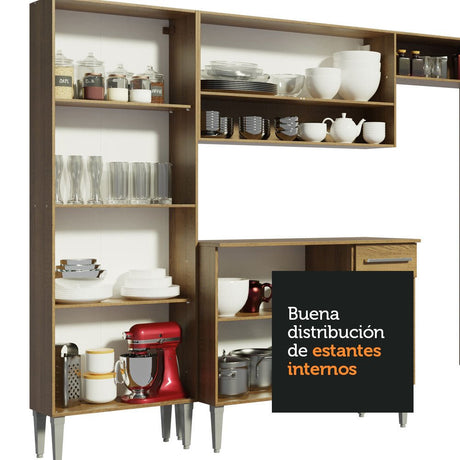 Cocina Integral Modular Emilly Box Marron 169x186cm con Mesón de Madera Aglomerada Mdp sin Estufa con Un Cajón y con Nueve Entrepaños - COCINAS | Bylmo
