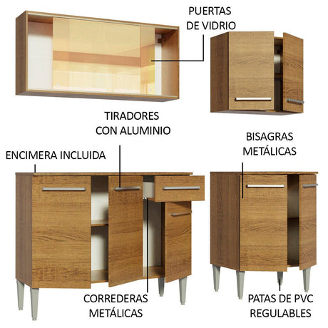 Cocina Integral Modular Emilly Drive Marron 169x186cm con Mesón de Madera Aglomerada Mdp sin Estufa con Un Cajón y con Nueve Entrepaños - COCINAS | Bylmo