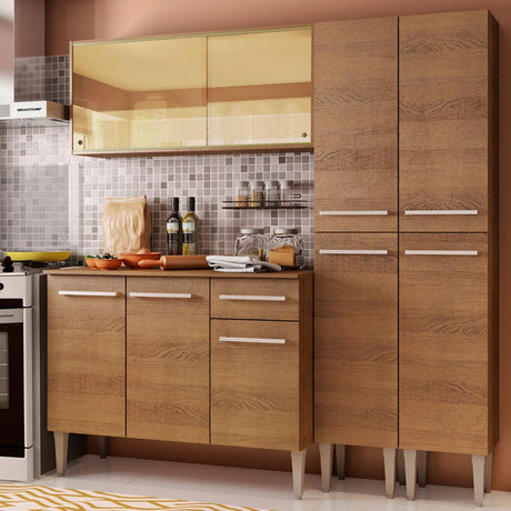 Cocina Integral Modular Emilly Voice Marron 169x186cm con Mesón de Madera Aglomerada Mdp sin Estufa con Un Cajón y con Trece Entrepaños - COCINAS | Bylmo