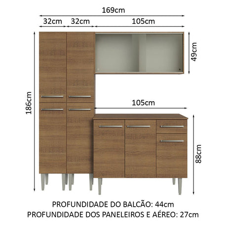 Cocina Integral Modular Emilly Marron 169x186cm con Mesón de Madera Aglomerada Mdp sin Estufa con Un Cajón Con Puerta de Vidrio Punteado y con Trece Entrepaños - COCINAS | Bylmo
