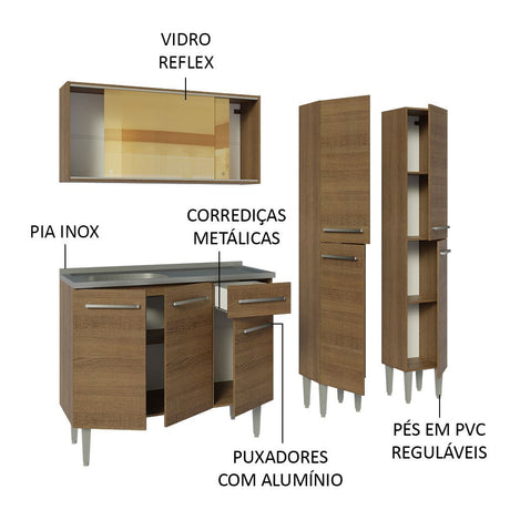 Cocina Integral Modular Emilly Marron 169x186cm con Mesón de Acero Inoxidable sin Estufa con Un Cajón y con Trece Entrepaños - COCINAS | Bylmo
