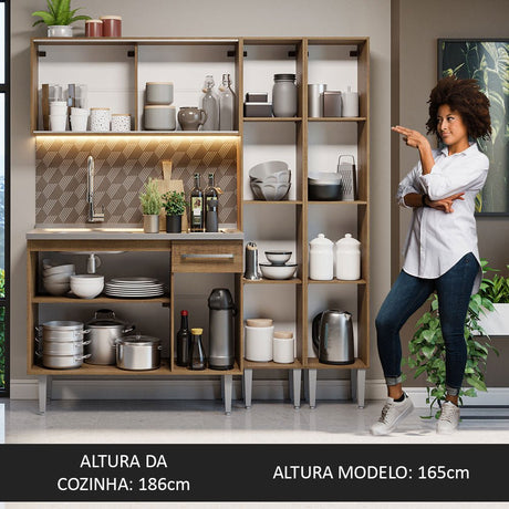 Cocina Integral Modular Emilly Marron 169x186cm con Mesón de Acero Inoxidable sin Estufa con Un Cajón y con Trece Entrepaños - COCINAS | Bylmo