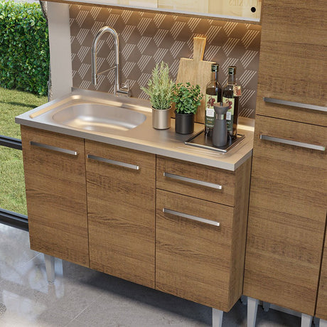 Cocina Integral Modular Emilly Marron 169x186cm con Mesón de Acero Inoxidable sin Estufa con Un Cajón y con Trece Entrepaños - COCINAS | Bylmo