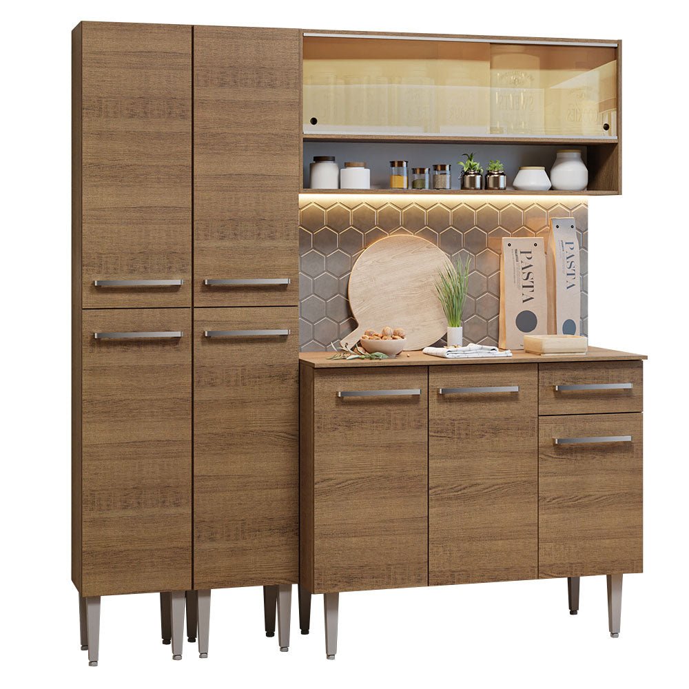 Cocina Integral Modular Emilly Marron 169x186cm con Mesón de Madera Aglomerada Mdp sin Estufa con Un Cajón y con Catorce Entrepaños - COCINAS | Bylmo