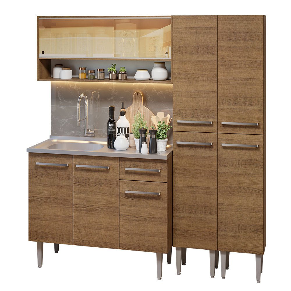 Cocina Integral Modular Emilly Marron 169x186cm con Mesón de Acero Inoxidable sin Estufa con Un Cajón y con Catorce Entrepaños - COCINAS | Bylmo