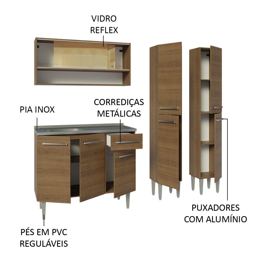 Cocina Integral Modular Emilly Marron 169x186cm con Mesón de Acero Inoxidable sin Estufa con Un Cajón y con Catorce Entrepaños - COCINAS | Bylmo