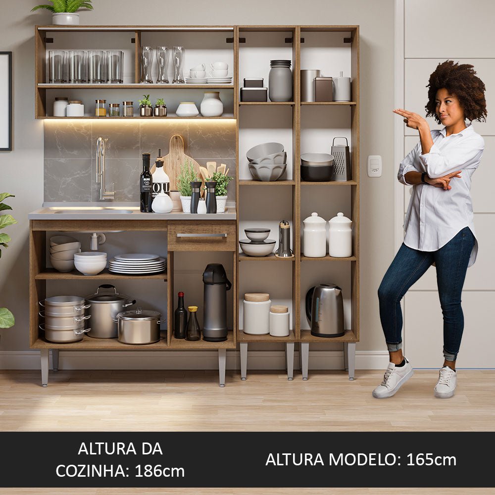 Cocina Integral Modular Emilly Marron 169x186cm con Mesón de Acero Inoxidable sin Estufa con Un Cajón y con Catorce Entrepaños - COCINAS | Bylmo