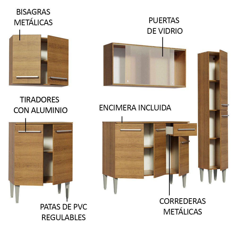 Cocina Integral Modular Emilly Fast Marron 201x186cm con Mesón de Madera Aglomerada Mdp sin Estufa con Un Cajón y con Trece Entrepaños - COCINAS | Bylmo