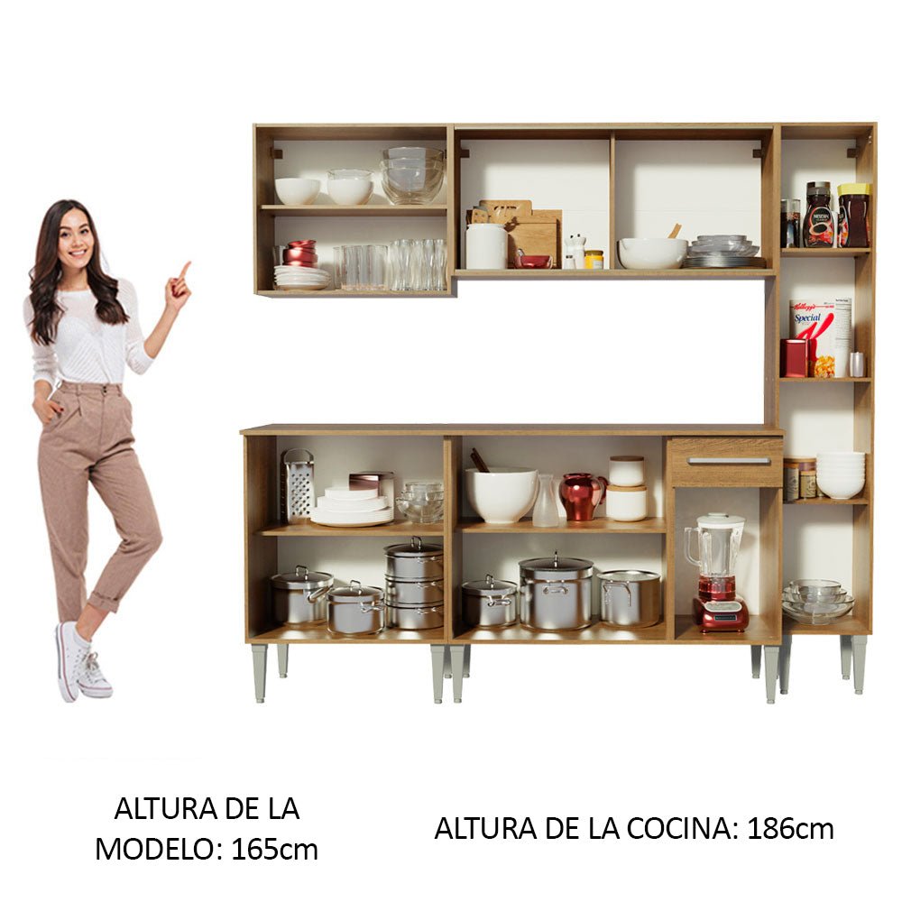 Cocina Integral Modular Emilly Fast Marron 201x186cm con Mesón de Madera Aglomerada Mdp sin Estufa con Un Cajón y con Trece Entrepaños - COCINAS | Bylmo