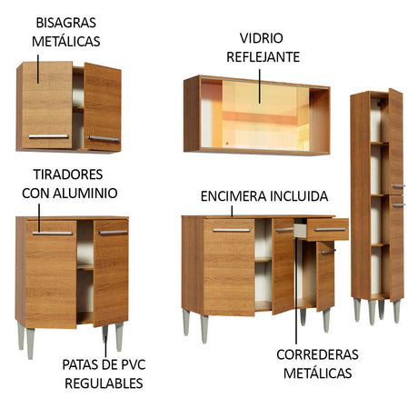 Cocina Integral Modular Emilly West Marron 201x186cm con Mesón de Madera Aglomerada Mdp sin Estufa con Un Cajón y con Trece Entrepaños - COCINAS | Bylmo