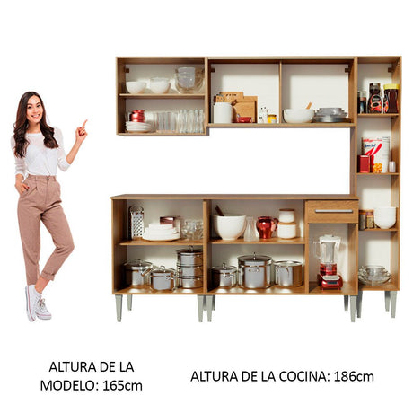 Cocina Integral Modular Emilly West Marron 201x186cm con Mesón de Madera Aglomerada Mdp sin Estufa con Un Cajón y con Trece Entrepaños - COCINAS | Bylmo