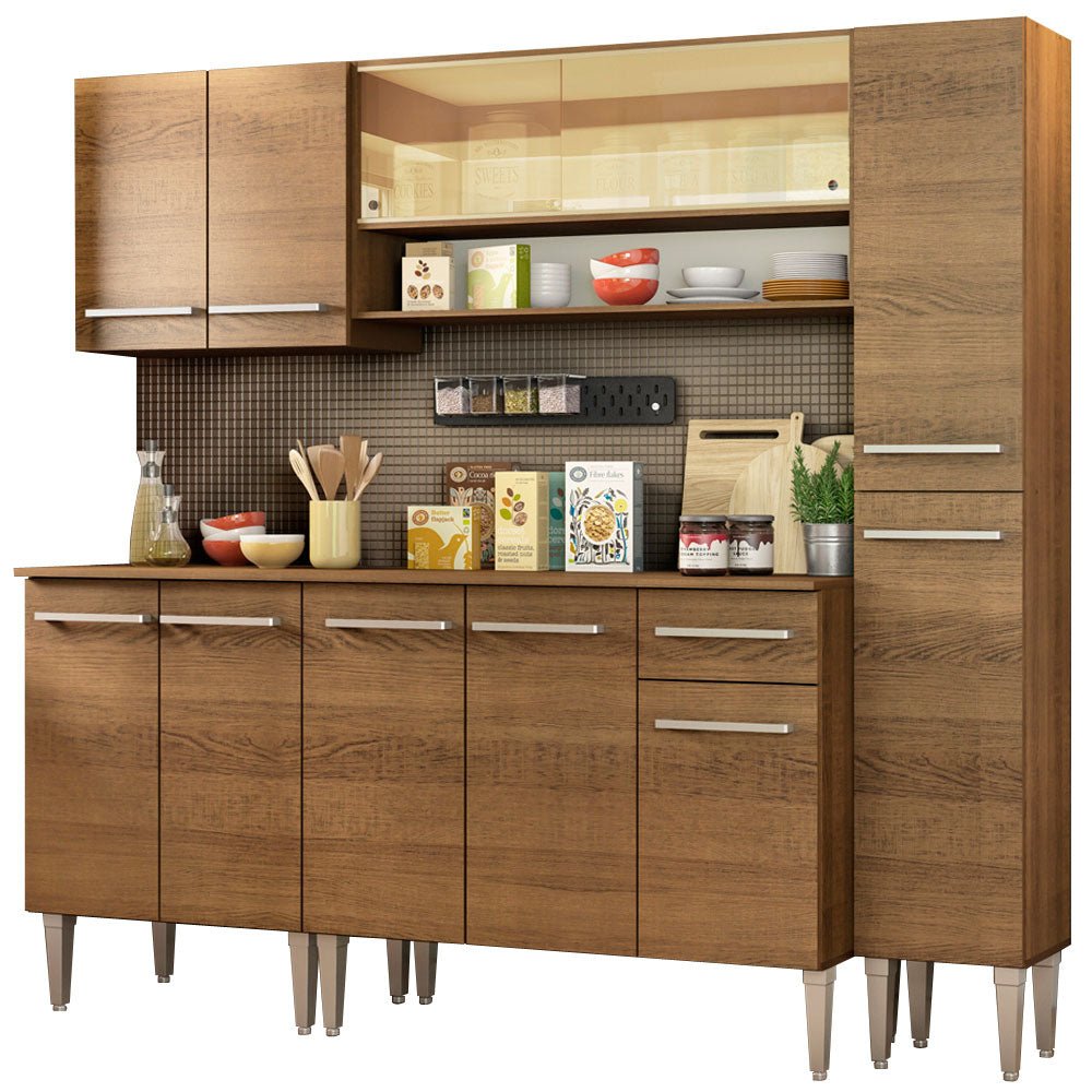 Cocina Integral Modular Emilly Sky Marron 201x186cm con Mesón de Madera Aglomerada Mdp sin Estufa con Un Cajón y con Catorce Entrepaños - COCINAS | Bylmo