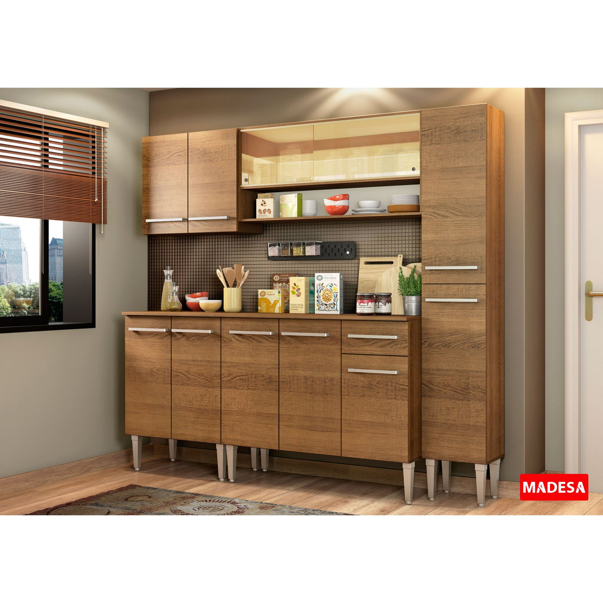 Cocina Integral Modular Emilly Sky Marron 201x186cm con Mesón de Madera Aglomerada Mdp sin Estufa con Un Cajón y con Catorce Entrepaños - COCINAS | Bylmo