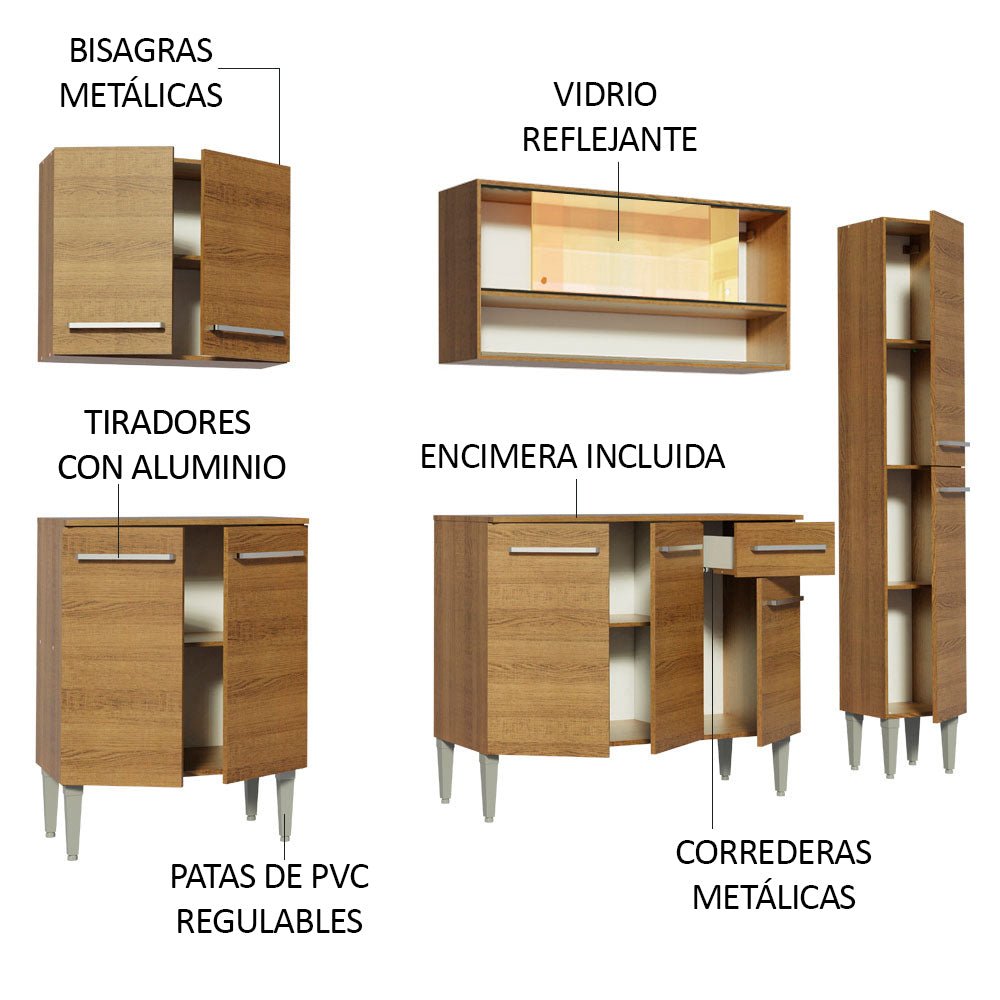 Cocina Integral Modular Emilly Sky Marron 201x186cm con Mesón de Madera Aglomerada Mdp sin Estufa con Un Cajón y con Catorce Entrepaños - COCINAS | Bylmo
