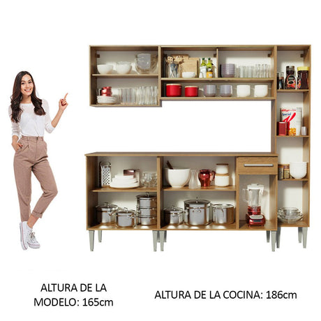Cocina Integral Modular Emilly Sky Marron 201x186cm con Mesón de Madera Aglomerada Mdp sin Estufa con Un Cajón y con Catorce Entrepaños - COCINAS | Bylmo