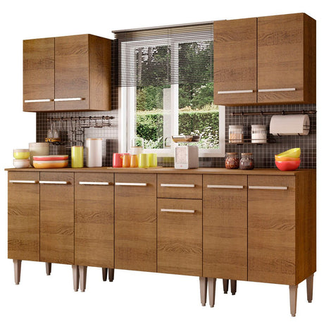Cocina Integral Modular Emilly King Marron 233x186cm con Mesón de Madera Aglomerada Mdp sin Estufa con Un Cajón y con Once Entrepaños - COCINAS | Bylmo