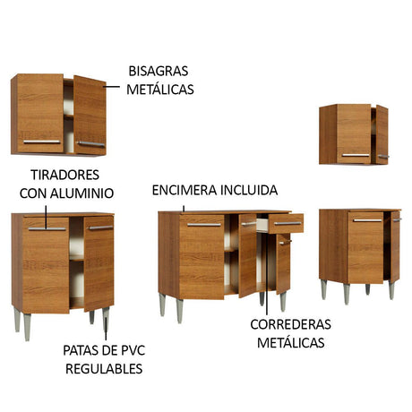 Cocina Integral Modular Emilly King Marron 233x186cm con Mesón de Madera Aglomerada Mdp sin Estufa con Un Cajón y con Once Entrepaños - COCINAS | Bylmo