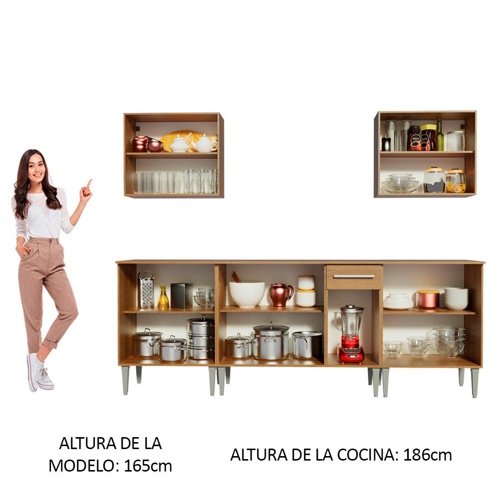 Cocina Integral Modular Emilly King Marron 233x186cm con Mesón de Madera Aglomerada Mdp sin Estufa con Un Cajón y con Once Entrepaños - COCINAS | Bylmo