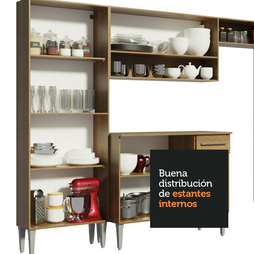 Cocina Integral Modular Emilly King Marron 233x186cm con Mesón de Madera Aglomerada Mdp sin Estufa con Un Cajón y con Once Entrepaños - COCINAS | Bylmo