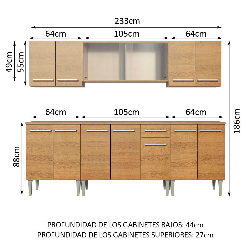 Cocina Integral Modular Emilly Wind Marron 233x186cm con Mesón de Madera Aglomerada Mdp sin Estufa con Un Cajón y con Trece Entrepaños - COCINAS | Bylmo