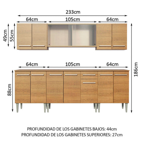 Cocina Integral Modular Emilly Wind Marron 233x186cm con Mesón de Madera Aglomerada Mdp sin Estufa con Un Cajón y con Trece Entrepaños - COCINAS | Bylmo