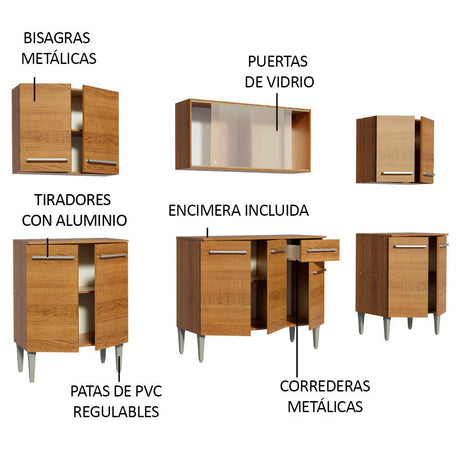 Cocina Integral Modular Emilly Wind Marron 233x186cm con Mesón de Madera Aglomerada Mdp sin Estufa con Un Cajón y con Trece Entrepaños - COCINAS | Bylmo