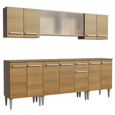 Cocina Integral Modular Emilly Wind Marron 233x186cm con Mesón de Madera Aglomerada Mdp sin Estufa con Un Cajón y con Trece Entrepaños - COCINAS | Bylmo
