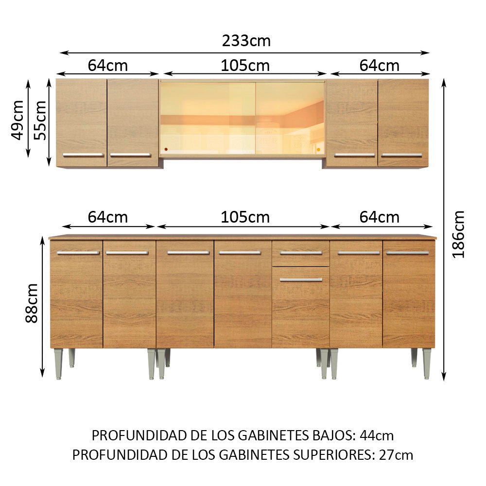 Cocina Integral Modular Emilly Fire Marron 233x186cm con Mesón de Madera Aglomerada Mdp sin Estufa con Un Cajón y con Trece Entrepaños - COCINAS | Bylmo