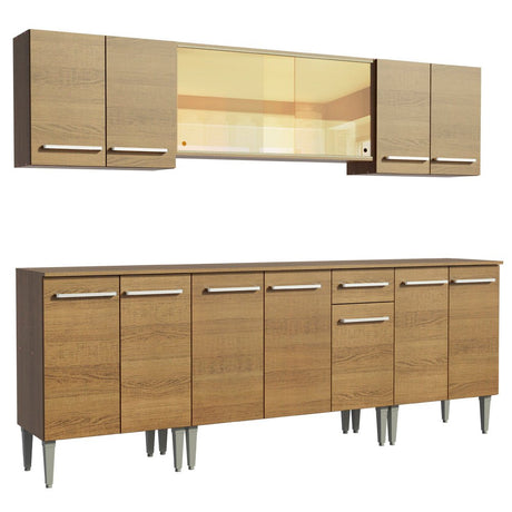 Cocina Integral Modular Emilly Fire Marron 233x186cm con Mesón de Madera Aglomerada Mdp sin Estufa con Un Cajón y con Trece Entrepaños - COCINAS | Bylmo